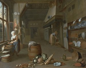 Kitchen Interior with Two Maids Preparing Food